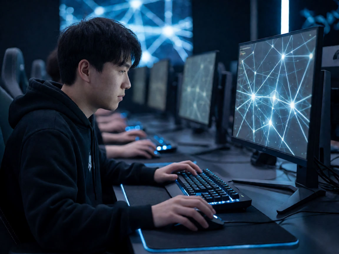电子竞技比赛现场，选手正在操作设备